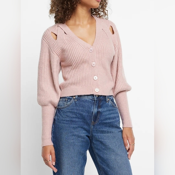 Express V-Neck Balloon Sleeve Criss Cross Cutout Cardigan | Dusty Mauve | XL - Picture 1 of 9
